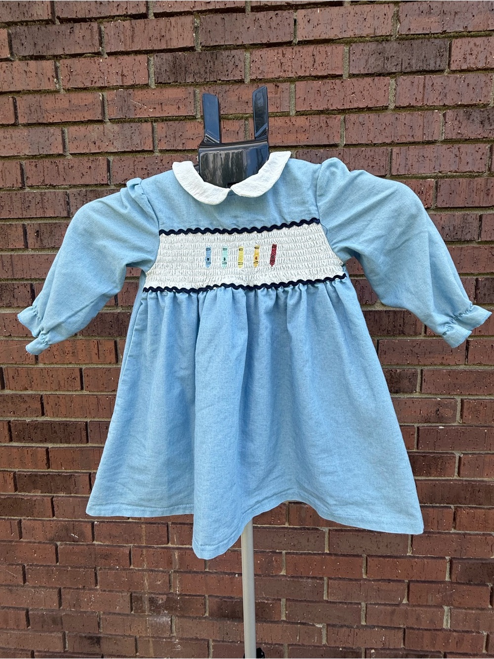 Sunshine Smocks Blue Crayon Pre-School Smocked Dress Long Sleeve Toddler Size 2T